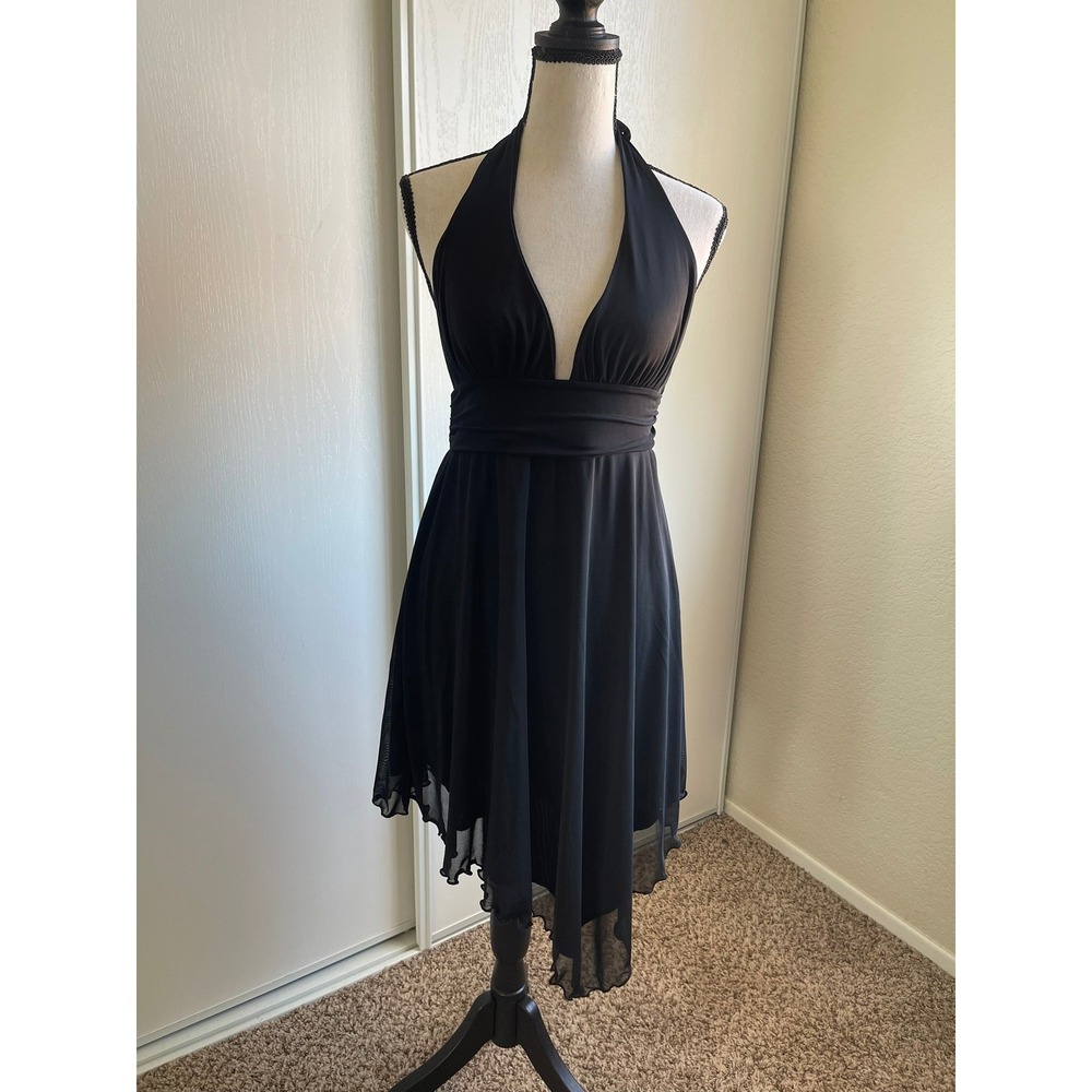Urban Outfitters Women L Black Halter Dress Plunge V Neck Asymmetrical Y2K
